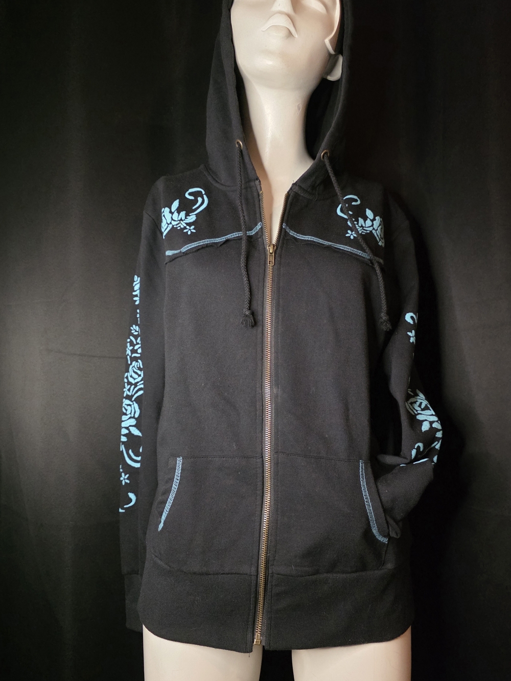 Back in the Saddle Medium Black with Sky Blue Embroidered Flowers Zip up Hoodie